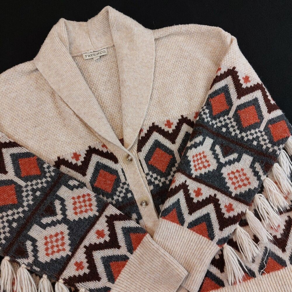 Frye & Co Southwestern Cardigan Fringe Sleeve Sweater Womens XL Aztec Shawl Neck